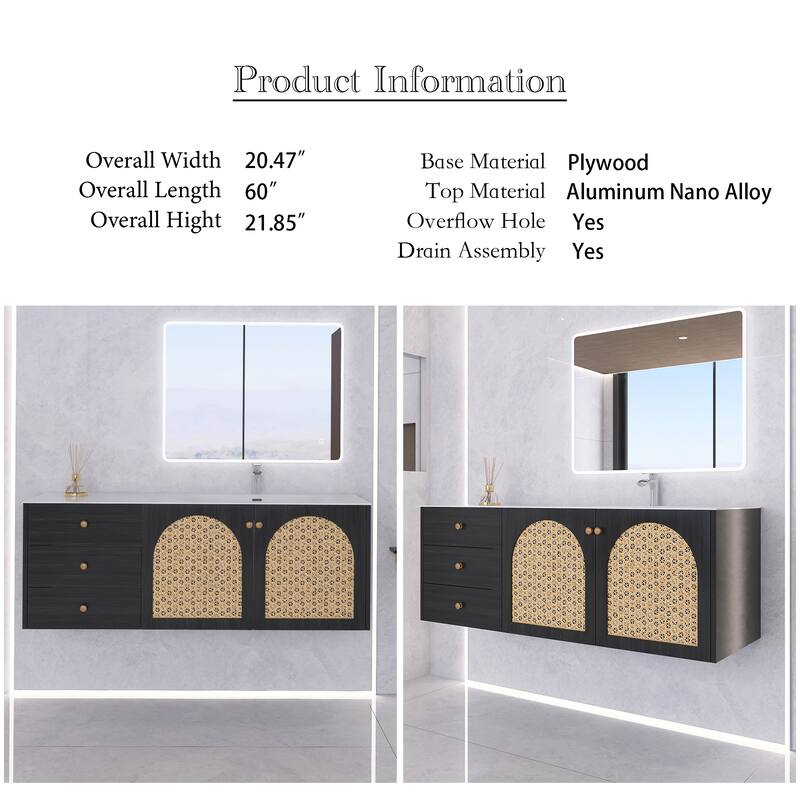 60" Wall-Mounted Bathroom Vanity with White Aluminum Nano Alloy Integrated Sink - 60'' x 20.47'' x 21.85''