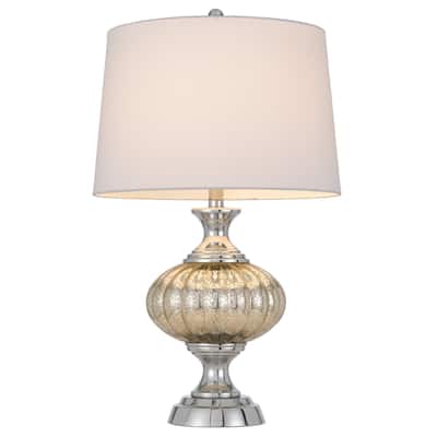 Silver Metal Table Lamp with White Linen Empire Shade and 3-Way Switch - 16” x 16” x 26.5” (D x W x H)
