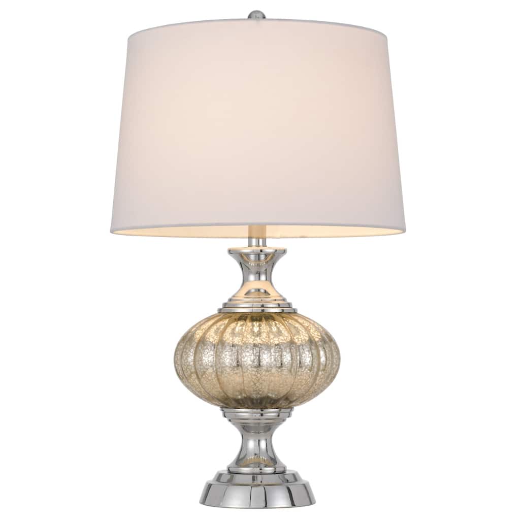 Silver Metal Table Lamp with White Linen Empire Shade and 3-Way Switch - 16” x 16” x 26.5” (D x W x H)