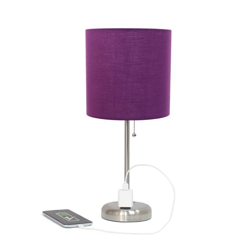 Stick Table Lamps with Drum Shade - 19.5" - Silver and Purple - Set of 2