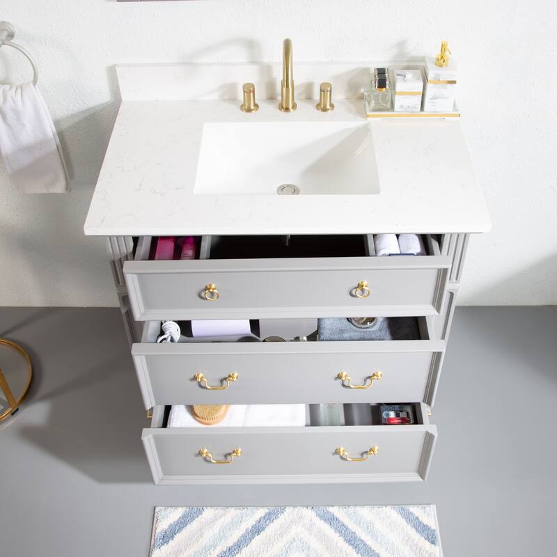 35'' H X 36'' W Solid Wood Bath Vanity with Stain-resistant Carrera White Quartz Top and Single Sink