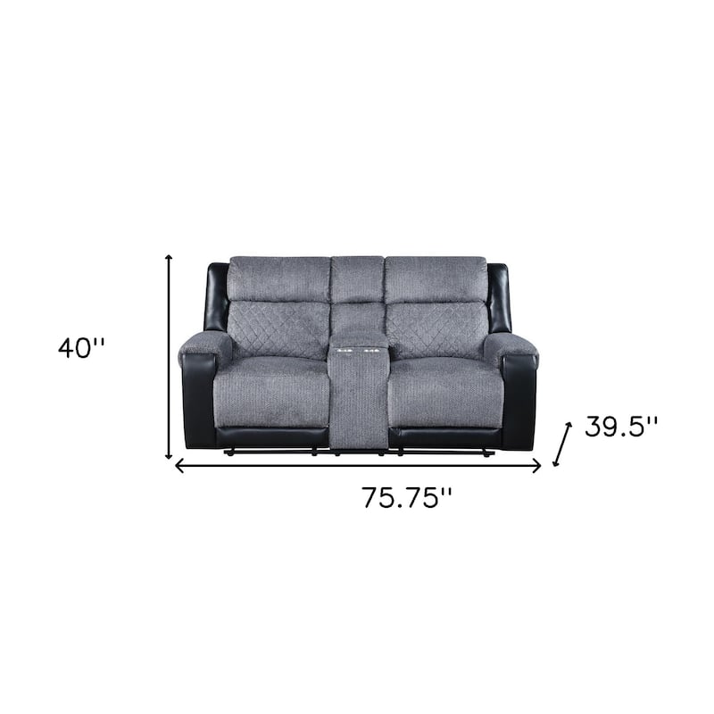 HomeRoots 76" Gray and Black Faux Leather and Microfiber Manual Reclining Loveseat With Storage - 75.75' X '40' X '39.5