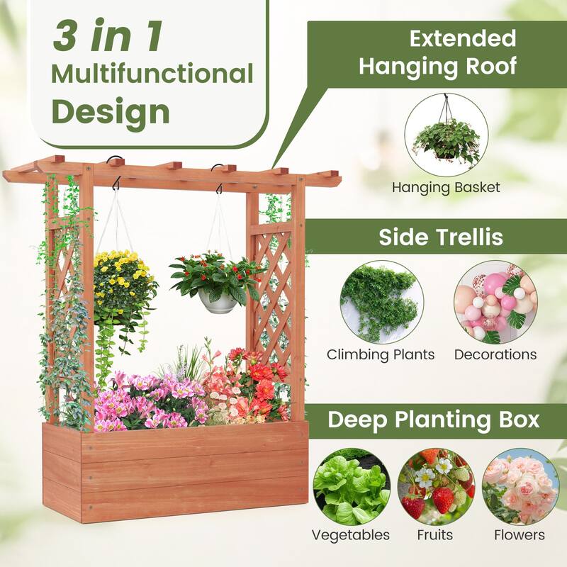 Gymax Raised Garden Bed Wooden Elevated Planter w/Side Trellis &