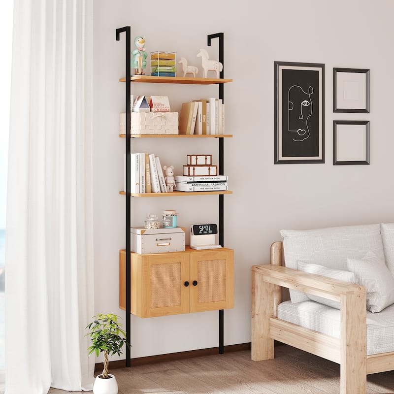 Natural Engineered Wood Ladder Bookshelf with Metal Frame and Rattan Doors - 23.5" x 12.5" x 72.5"