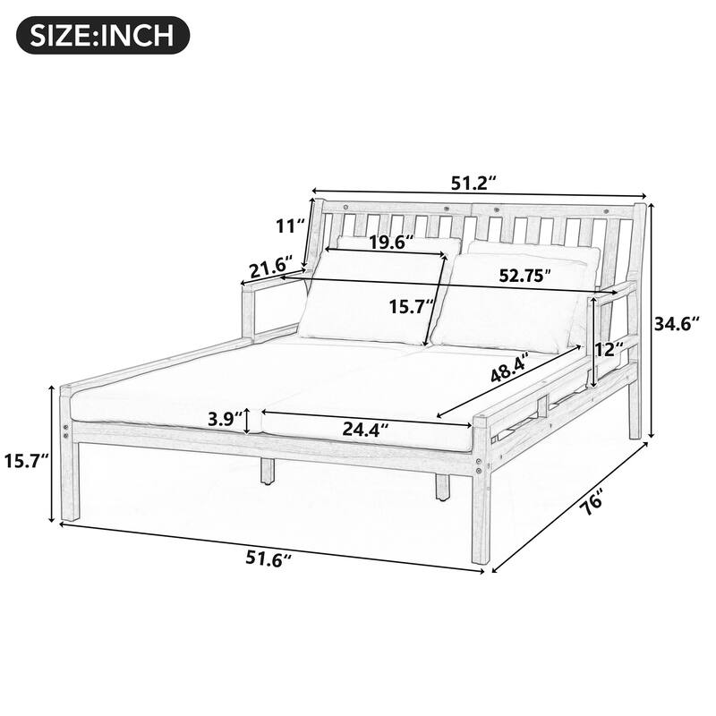 Outdoor Daybed with Four Pillows, Wooden Outdoor Bed with Curved Armrests for Poolside