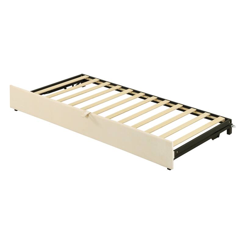 Beige Twin Daybed with Upholstered Finish and Pop-Up Trundle - No Box Spring Required