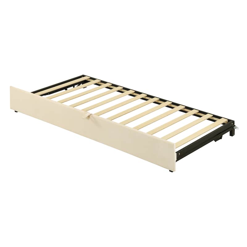 Twin Size Upholstered Daybed with Pop-Up Trundle in Beige