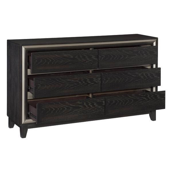 Uri 60 Inch Wide Dresser, 6 Drawers, Cutout Grooves, Silver Banding, Black - Bed Bath & Beyond - 40386603 Uri 60 Inch Wide Dresser, 6 Drawers, Cutout Grooves, Silver Banding, Black - Bed Bath & Beyond - 40386603