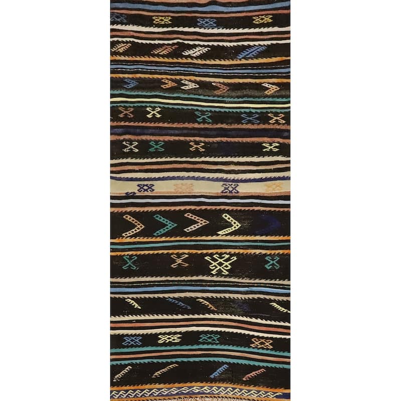 Hand Woven Oriental 100% Wool Carpet Southwestern Tribal Black Kilim Runner Rug - 9' 6'' X 3' 4''