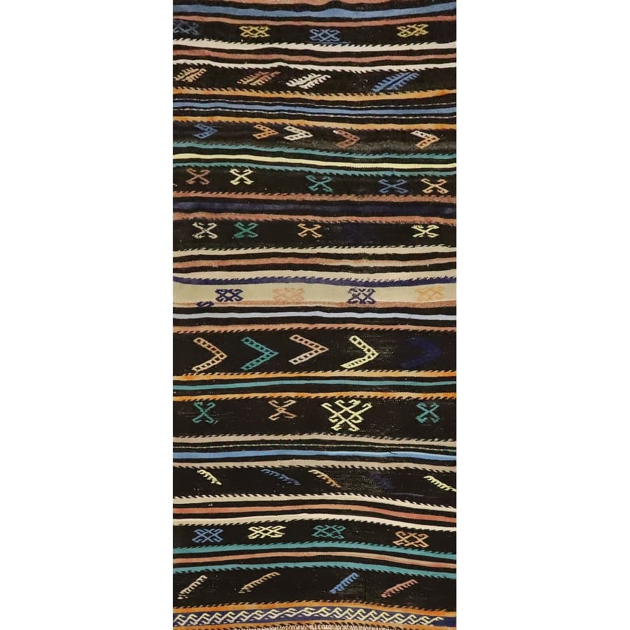Hand Woven Oriental 100% Wool Carpet Southwestern Tribal Black Kilim Runner Rug - 9' 6'' X 3' 4''