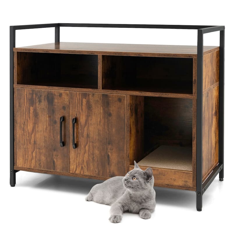 Hidden Cat Washroom with Double Doors and Scratch Cardboard - Coffee