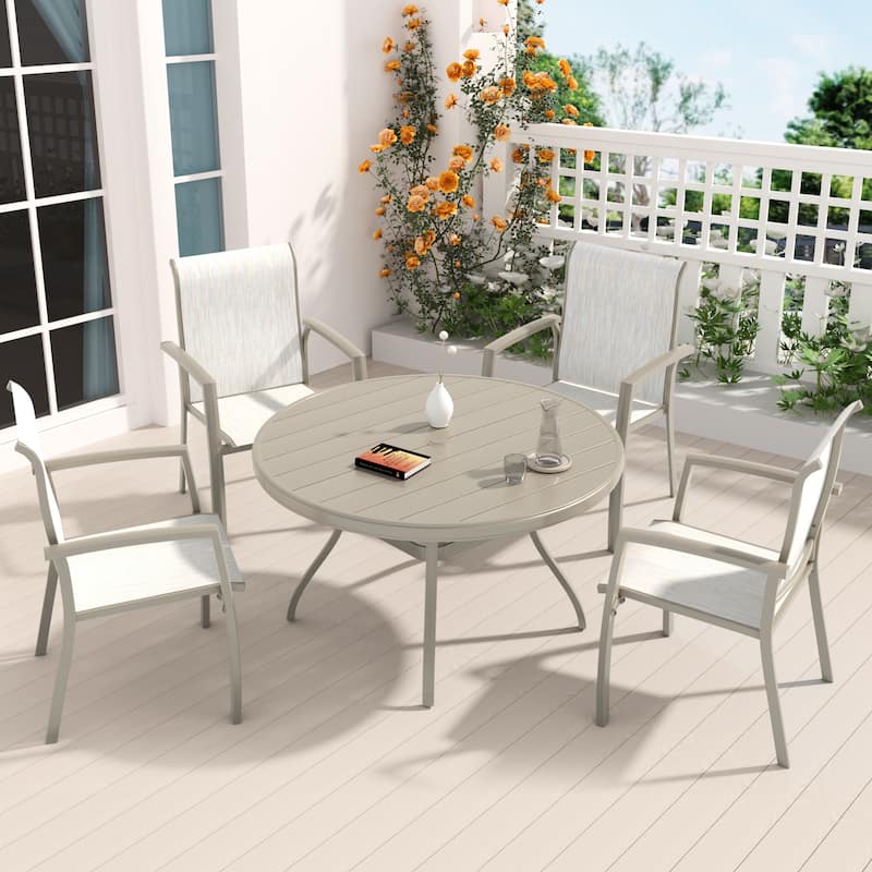 Outdoor Round Patio Dining Table for 4-6, All Weather Metal Dining Table with Umbrella Hole