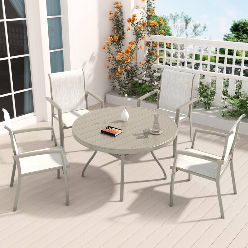 VRSHWO Outdoor Round Patio Dining Table for 4-6, All Weather Metal Dining Table with Umbrella Hole for Deck Lawn Garden Backyard