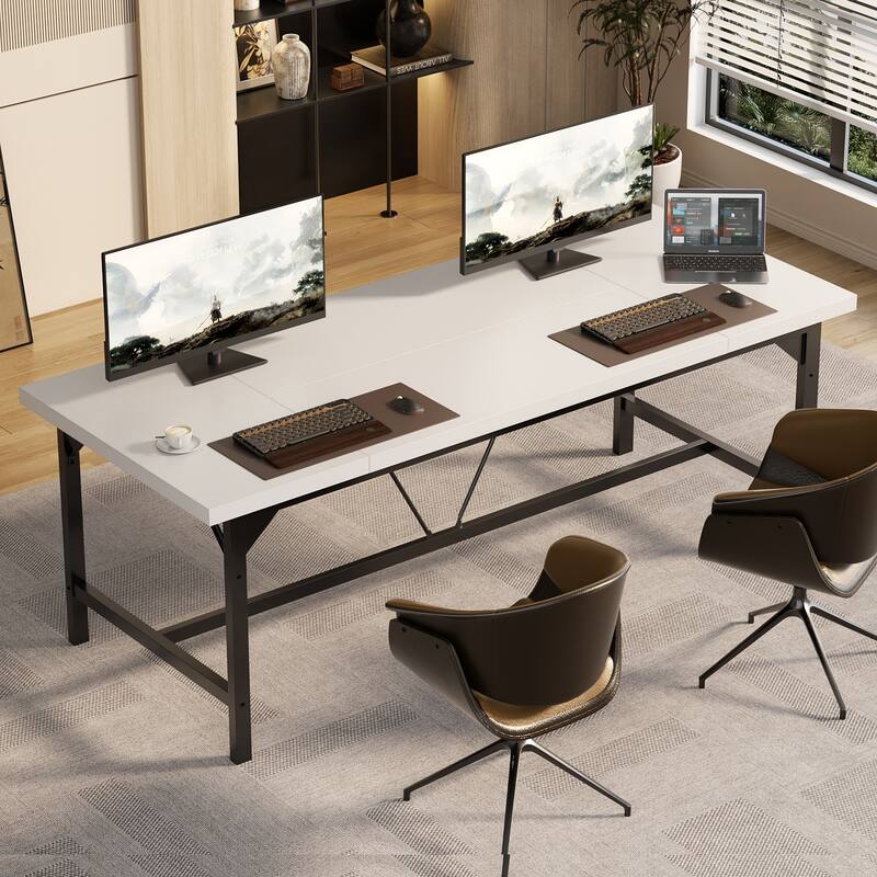 Modern Farmhose 70.8-Inch Executive Desk, Large Computer Office Desk Workstation Conference Table - 63'' - White