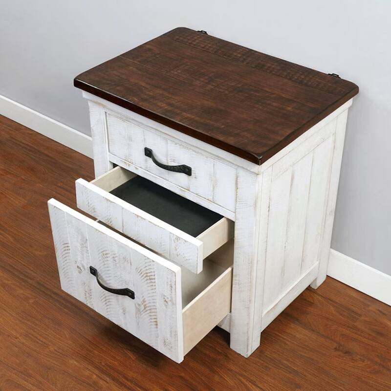 3 Drawers Nightstand with USB Chargers - Brown+Distressed White