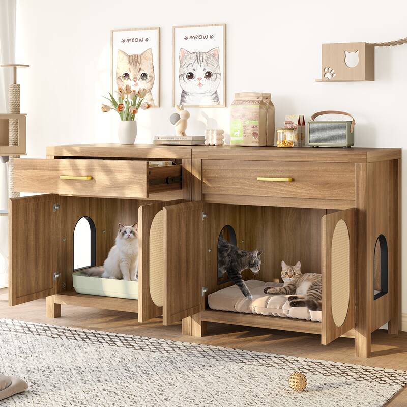 Cat Litter Box Enclosure, Hidden Cat Litter Box Furniture with Scratching Board Doors and Storage Drawer