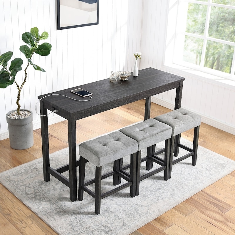 Durable 4-piece Wooden Bar Table and Chairs Set with Power Outlet - Black