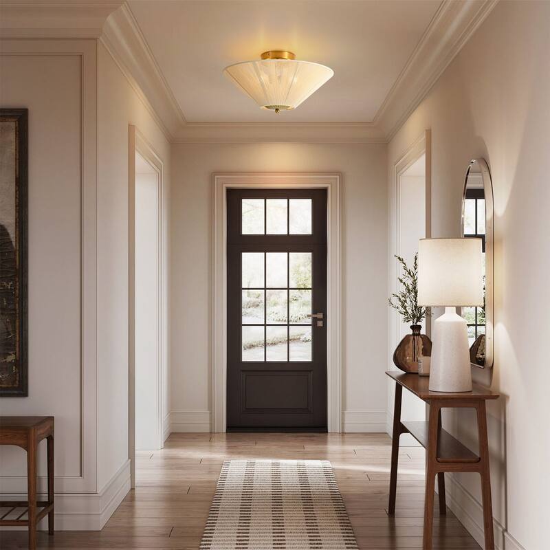 15" W 2-Light Modern Farmhouse Cone Beige Hand-Woven Rope Shade Semi-Flush Mount Ceiling Light