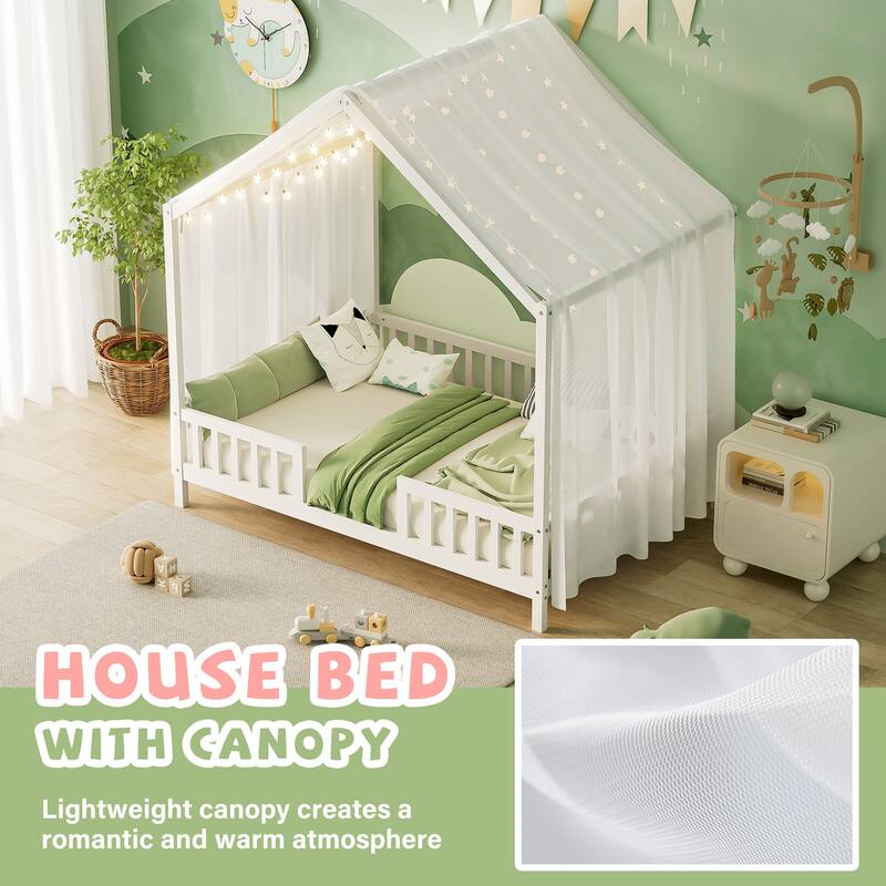 House-Shaped Full Bed Frame with Canopy and Railings for Kids, White