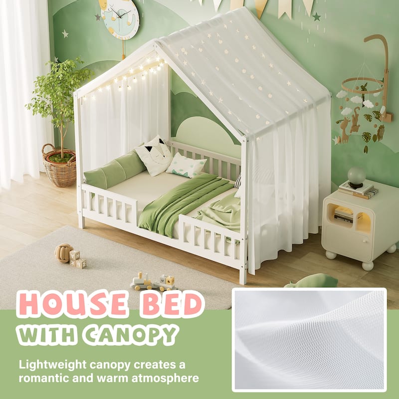 Montessori Toddler Bed Kids House Bed with Airy Canopy, Wood Bed Frame Bed Tent with 4 Full Guardrails, No Box Spring Needed