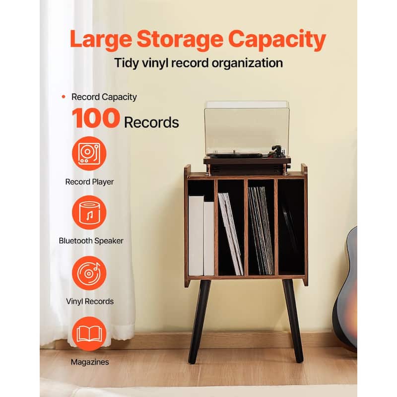 2-Tier Wood Record Player Stand Holds 100 Vinyl Albums Brown Finish - 16.54 x 13.54 x 26.38 inches