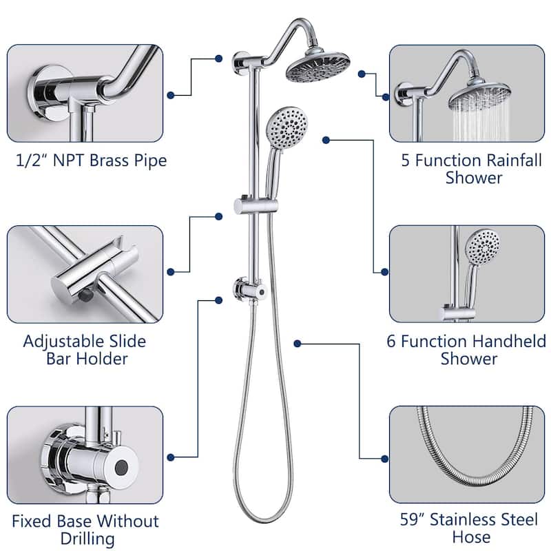 Wall Mounted Shower Faucet With Handheld Shower 6 Inch Rain Shower Head Combo Set Shower System With Slide Bar, NO VALVE