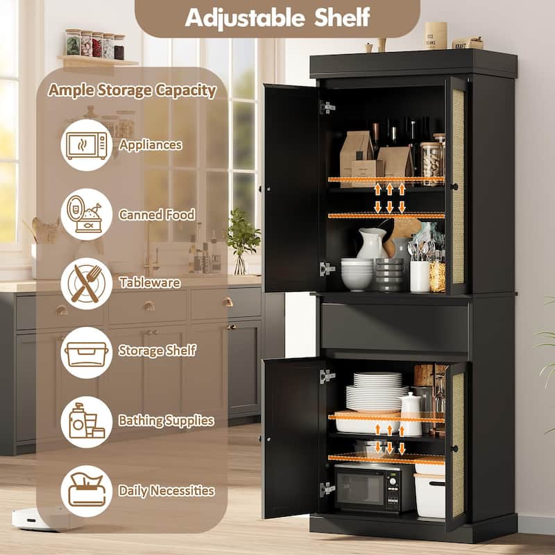 Kitchen Pantry Cabinet, Tall Storage Cabinet with Rattan Doors and Adjustable Shelves, Freestanding Cupboard