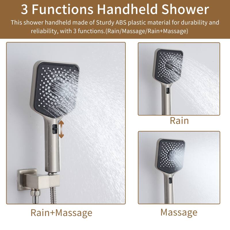 3-Function 12-Inch Ceiling-Mounted Thermostatic Shower System in Brushed Nickel with Square Shower Head