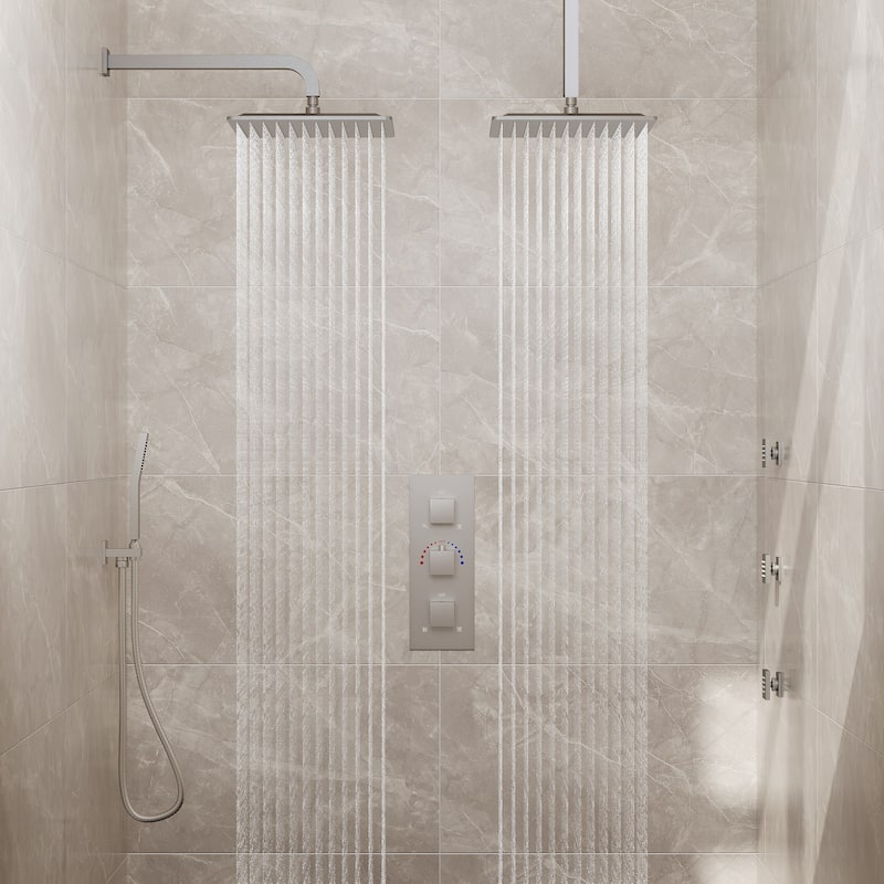 Thermostatic Faucet System 12" Dual Showerheads with 3 Body Jets and Rough-In Valve