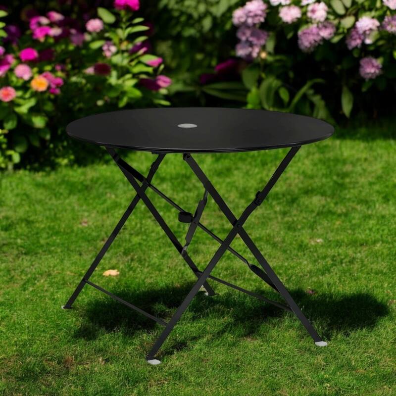 36" Black Rounded Aluminum Folding Outdoor Dining Table with Umbrella Hole - Black