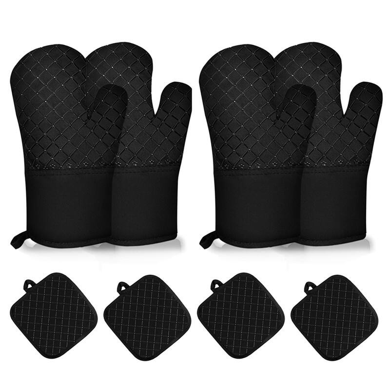 Heat Resistant Oven Mitts & Pan Rack Set BBQ Grill Gloves for Cooking, Baking - N/A - Black