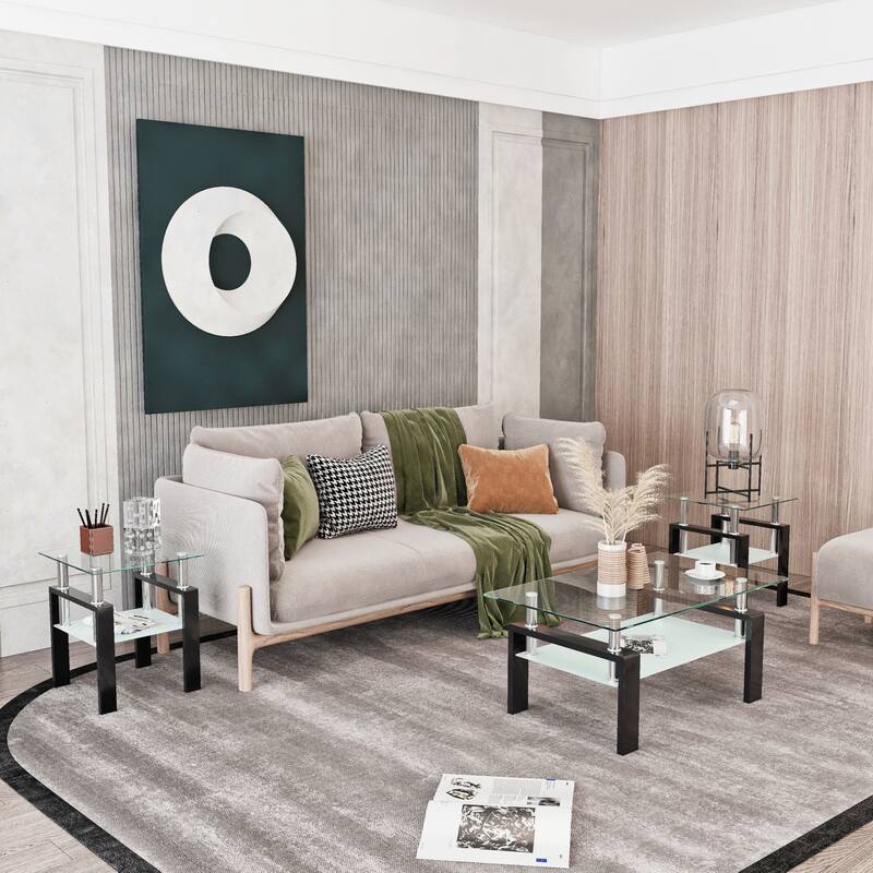 Set of 2 Tempered Glass Coffee Table End Table Set