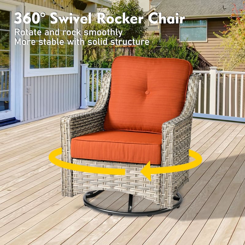 OVIOS 6 Pieces Outdoor Wicker Curved Swivel Chair Set With Fire Table