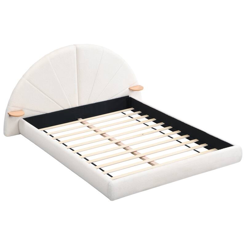 Queen Size Upholstered Bed, Beige Low Profile Boucle Bed Arched Headboard Wingback Bed with Small Table, Platform Bed