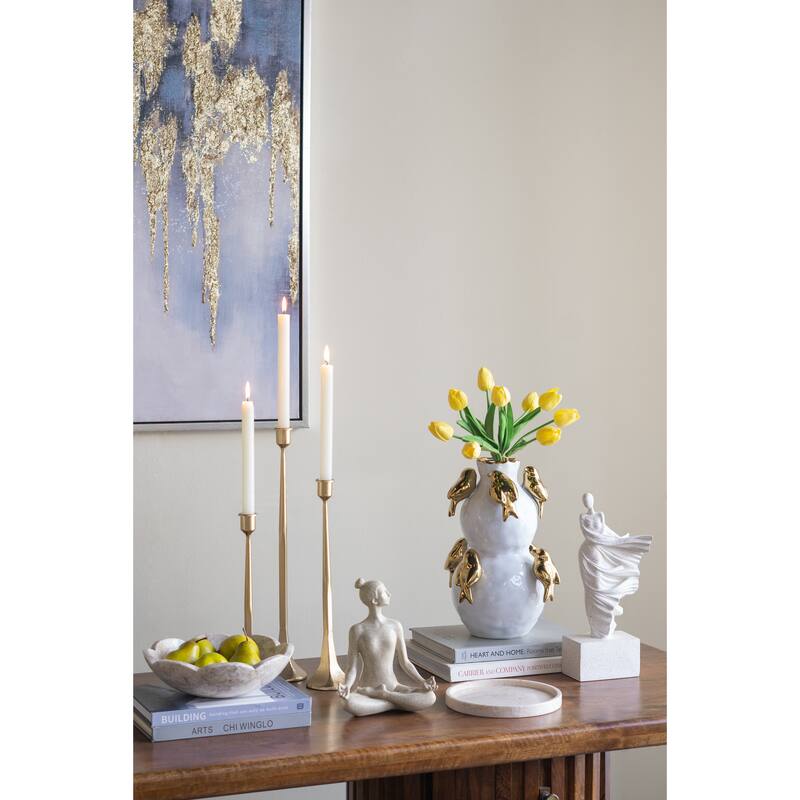 8.5x8.5x14" White Two-Tiered Ceramic Vase with Gold Bird Accents