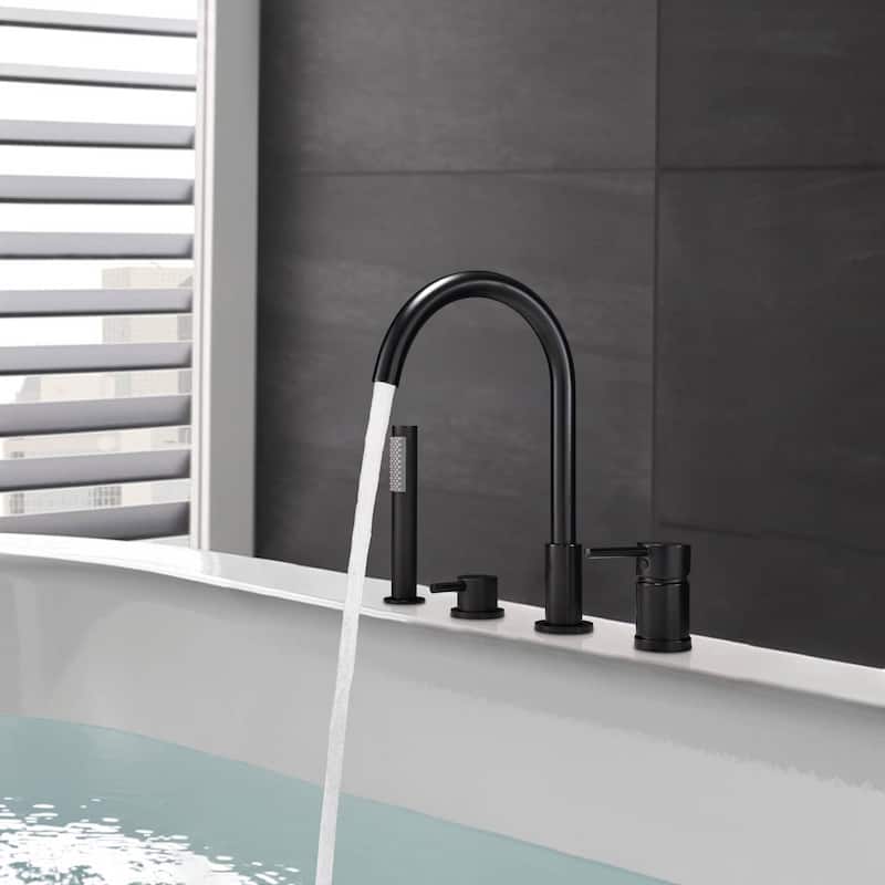 Matte Black Tub Faucet With Handheld Shower 4 Hole Bathtub Filler Modern Deck Mounted Roman Bathroom Tub Faucets With Valve