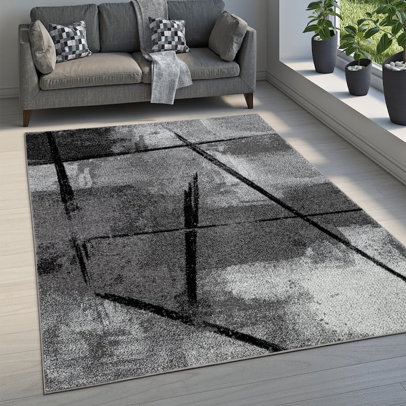 Grey Black Area Rug Modern Design with Abstract Paint Effect - 5'3" x 7'7"