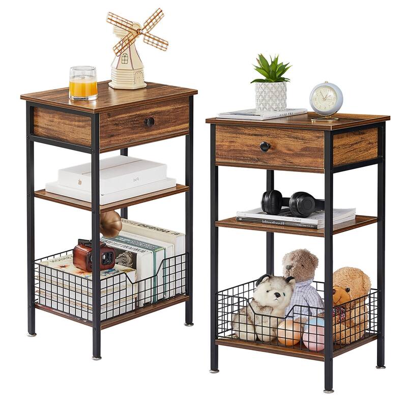 27.5" Tall Nightstand with 1-Drawer and Open Storage Shelf, Metal Frame and Fence Sofa End Table (Set of 2) - Brown