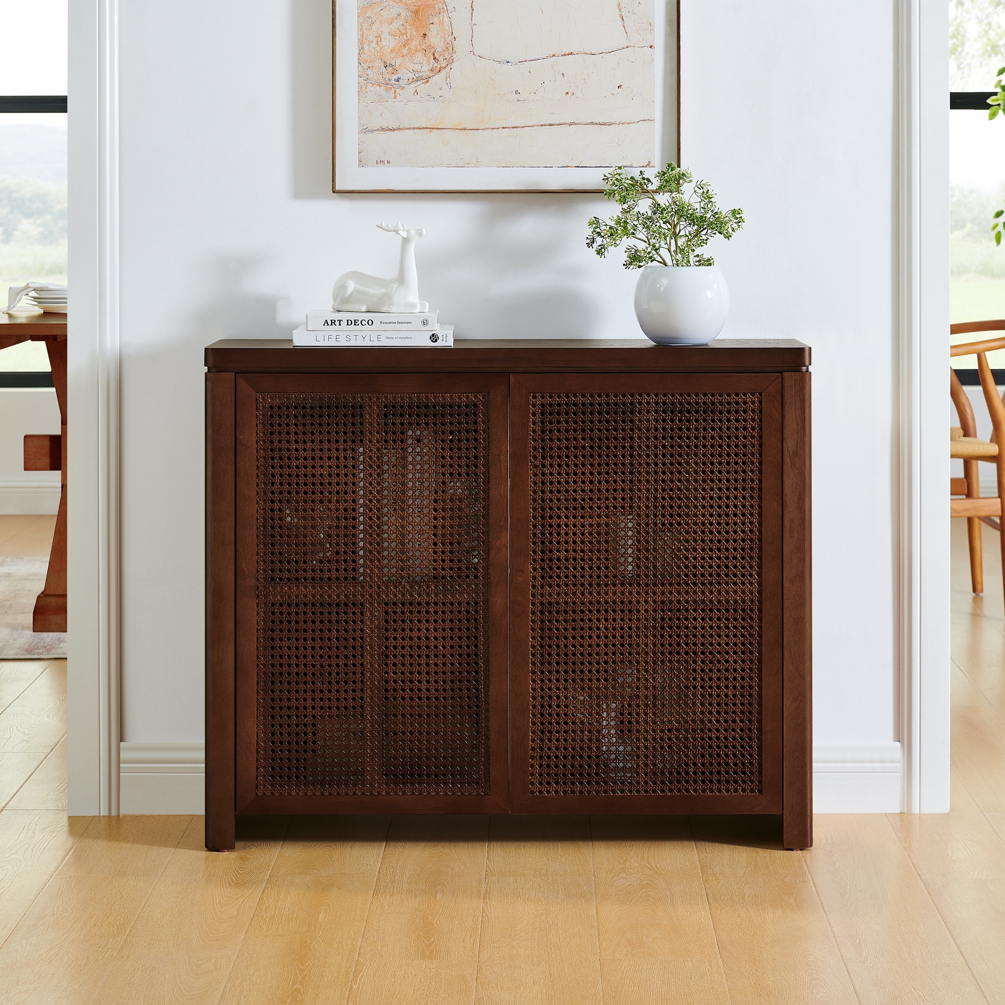 Boho Vintage Sideboard Buffet Cabinet with Rattan Doors and Adjustable Shelves, 39.4" Wooden Entryway Console Table