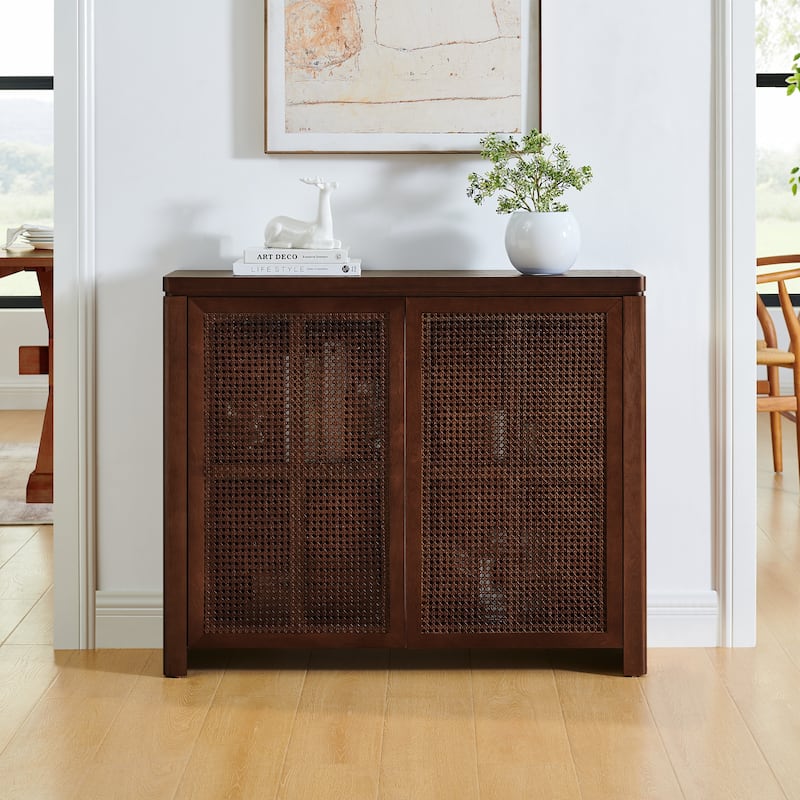 Roomfitters Rattan Sideboard Buffet Cabinet, Mid Century Modern Coffee Bar Wine Bar Storage Console - Walnut