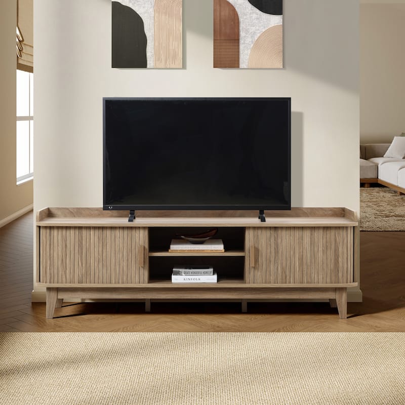 Mid-Century Modern Tambour-Style 2-Door TV Stand and Console with Raised Sides, Oak - 20.9" H x 63" W x 15.7" D
