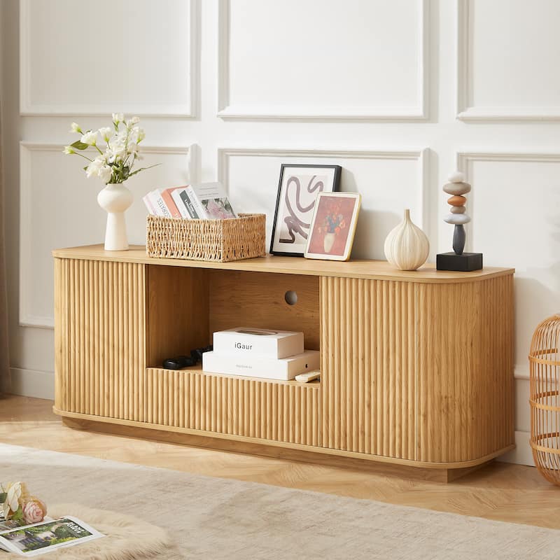 64-Inch Wavy TV Stand, Rounded Sideboard, Storage Cabinet, Wooden Vertical Stripe Cabinet,64"W x 15"D x 24"H