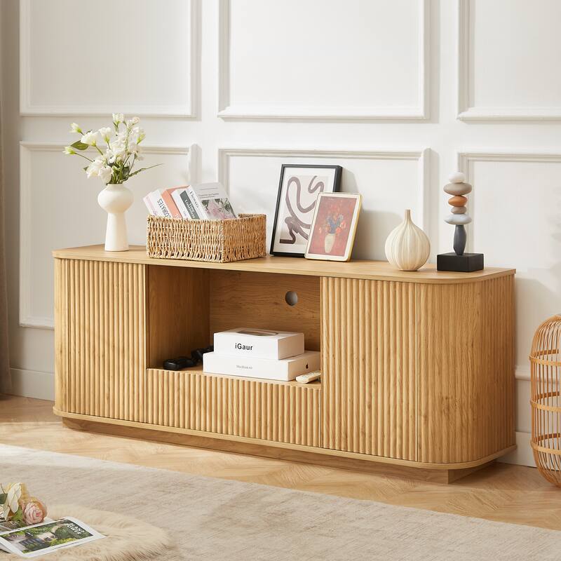 TV Stand Storage Cabinet Console Cabinet with Wave Pattern, Hallway Cabinet Floor Cabinet Base Cabinet - Natural