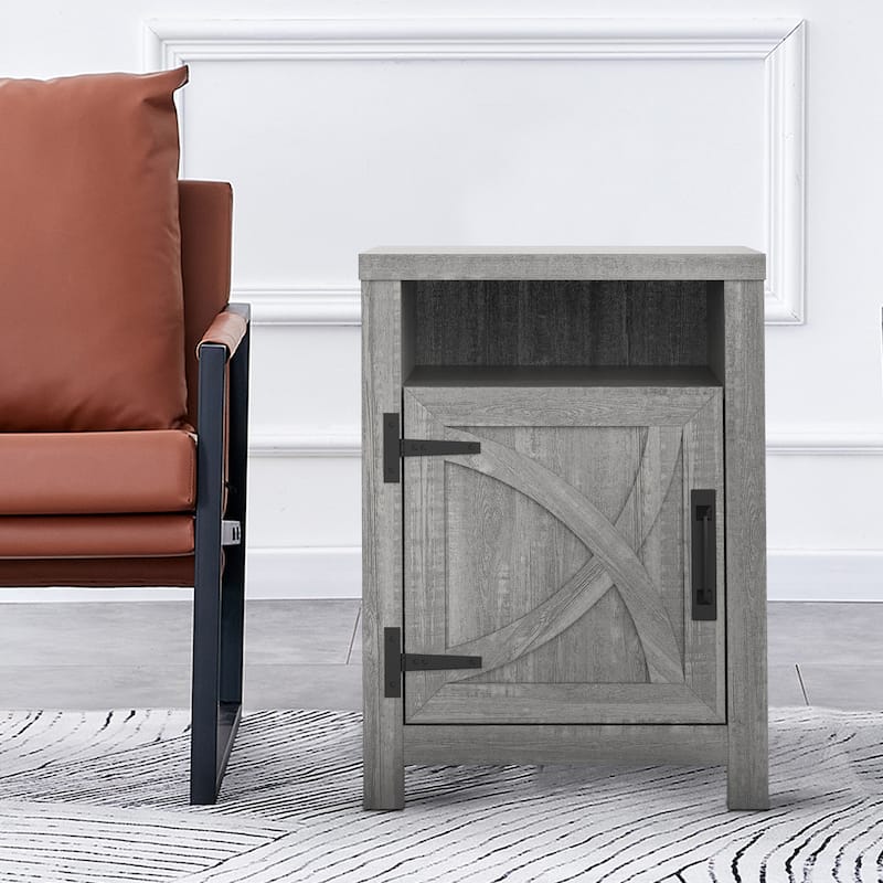 Walnut Barn Door Sofa End Table Nightstand Bedside Table with Storage Shelf
