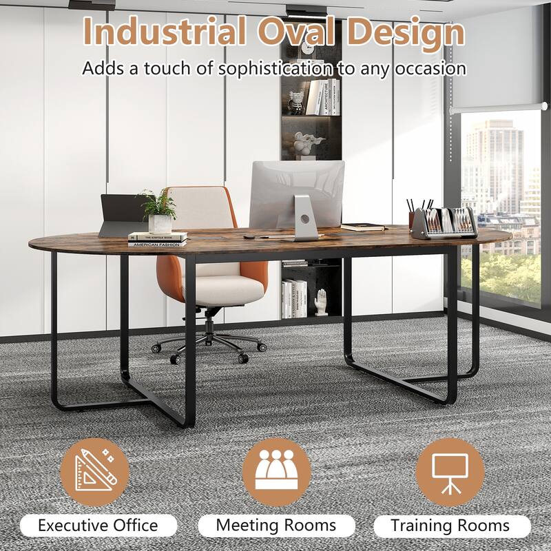 95 Inch Oval Conference Table with Dual Cable Holes and Metal Legs
