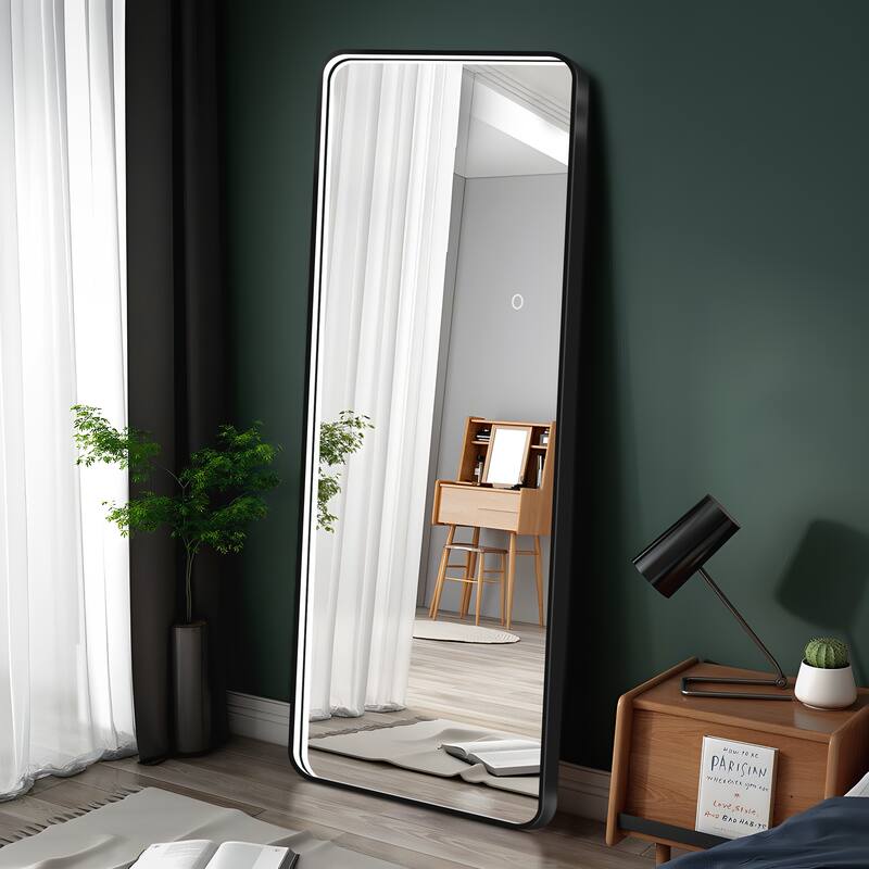 Anmytek 64" Gold Frame LED Lighted Full Length Mirror - 3-Color Dimmable, Standing/Wall-Mounted