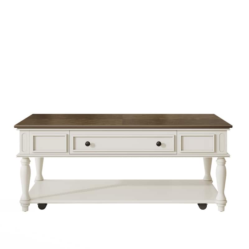 Coffee Table with One Drawer, Retro Movable Rectangular Cocktail Table with Lockable Wheels, Country Style Center Table