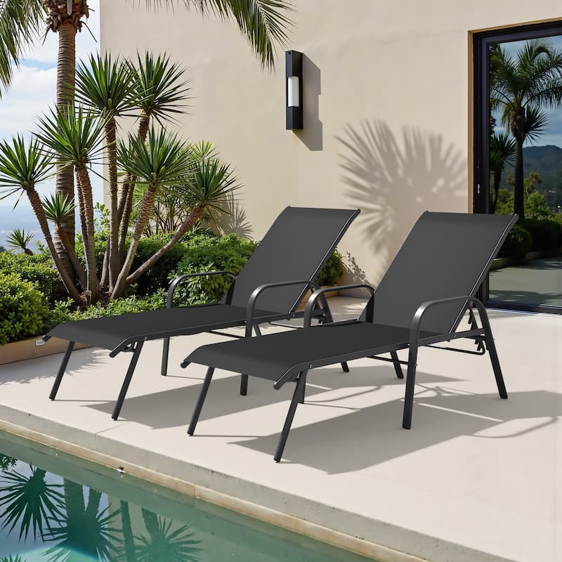 Set of 2/4 Lounge Chairs Outdoor Chaise Lounge with Arms and Adjustable Back - Black - 2PC
