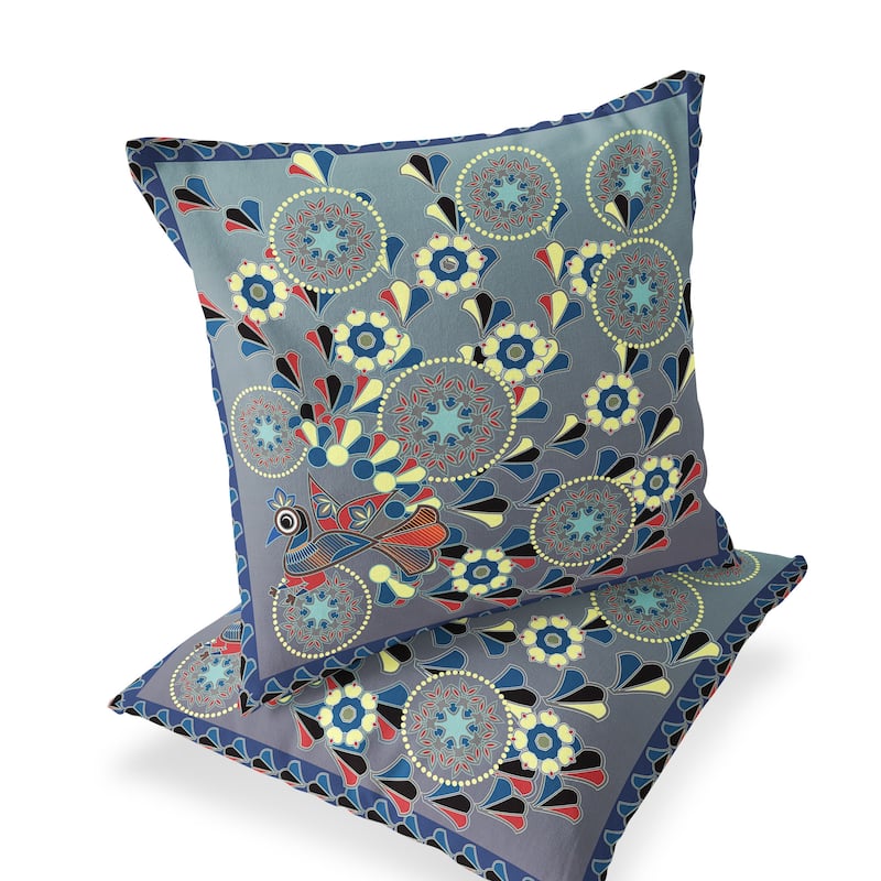 HomeRoots Set of Two 16" X 16" Gray and Blue Peacock Blown Seam Floral Indoor Outdoor Throw Pillow - 16.00' X '16.00' X '5.00