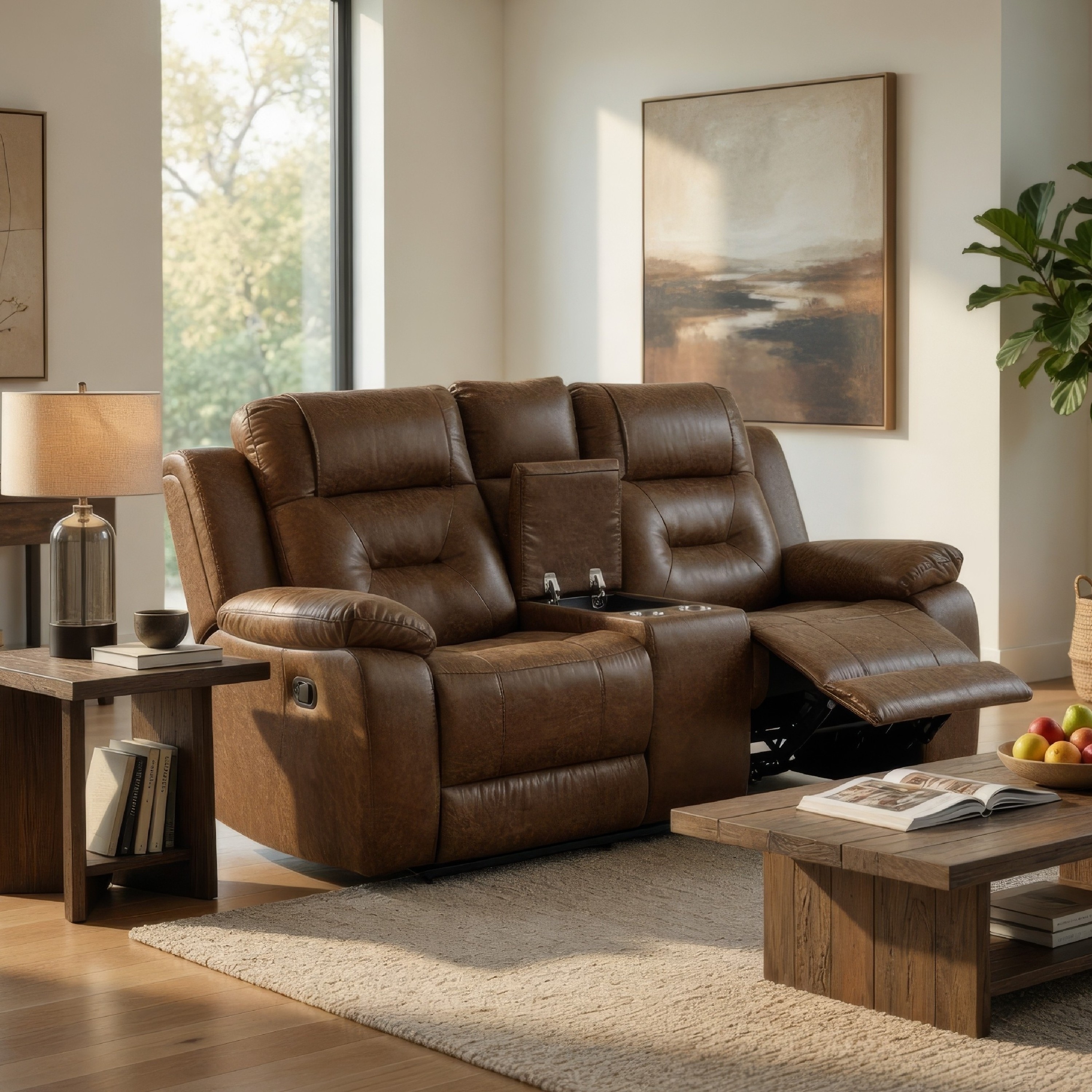 Kius Manual Recliner Loveseat, Brown Faux Leather, 70 Inch w Cupholders